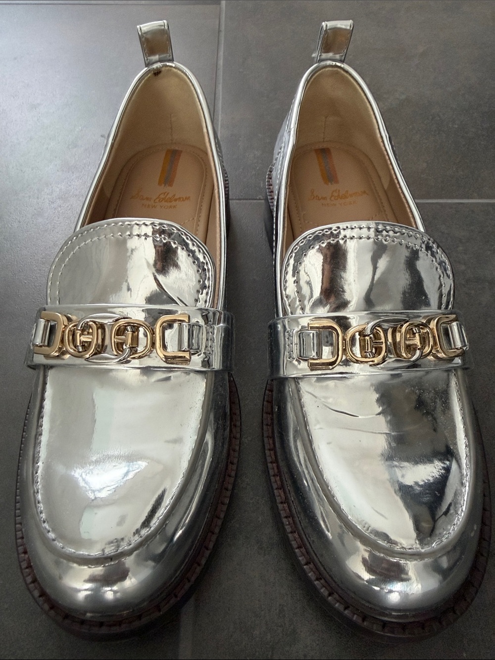 Sam Edelman Metallic Silver Loafers with Gold Chain Trim